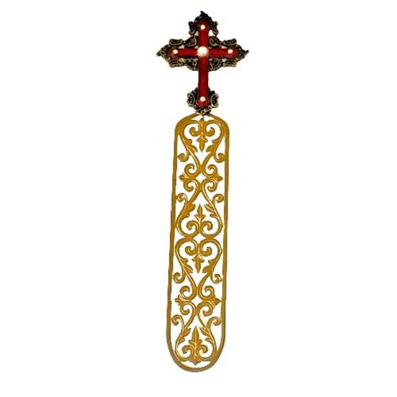 Vintage Bookmark Gold Toned Cross Faux Pearl Faux Diamonds Metal Filigree Base - Picture 1 of 15